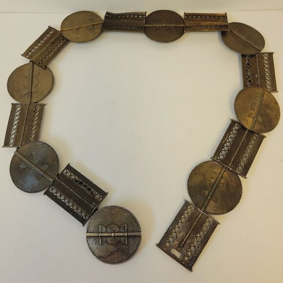 Vintage Rare Brass Boho Link Chain Medalion Heavy Belt Necklace - Picture 1 of 11